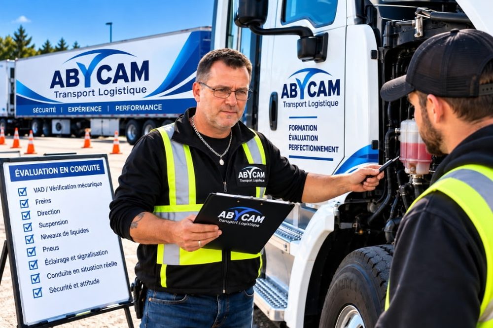Évaluateur avec une planchette à pince, à côté d’un camion, devant un tableau de vérification