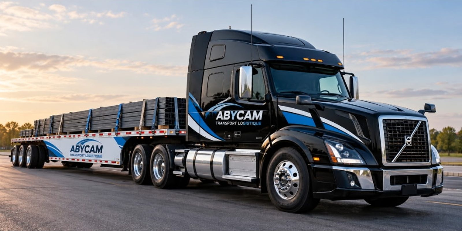 Camion tracteur noir tirant une remorque à plateau, sur une route, sous un ciel de fin de journée