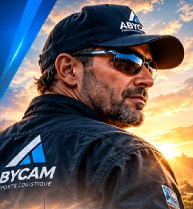 Portrait d’un chauffeur portant une casquette et des lunettes de soleil, devant un ciel de fin de journée