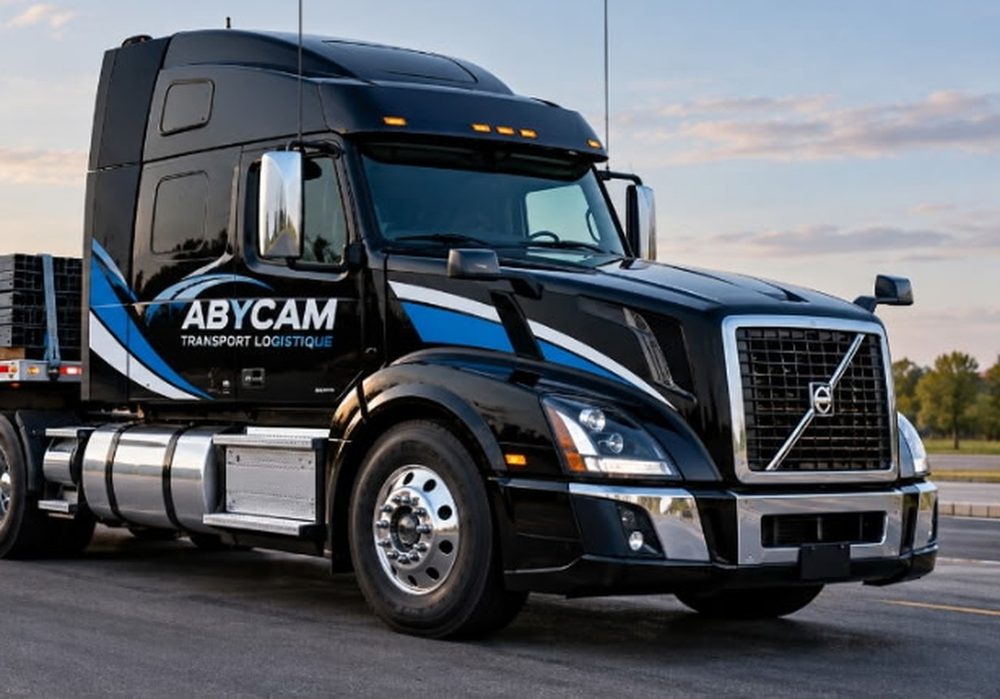 Camion tracteur noir roulant sur une route